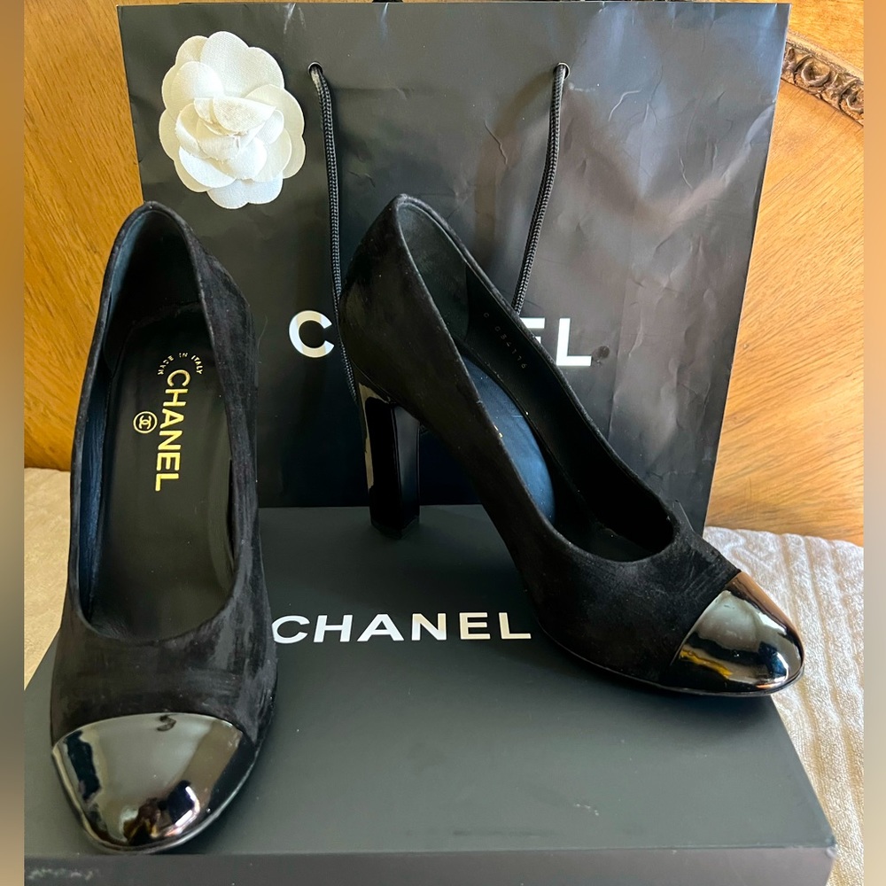 Chanel Cap Toe Blk Suede Platform High Heel Round Toe W Pump size 9.5